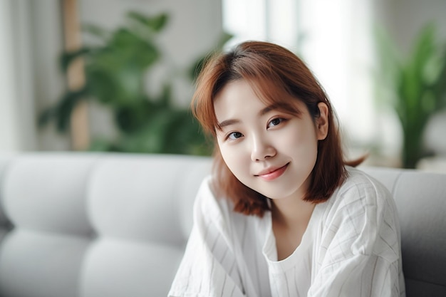 Asian woman sitting on sofa in white shirt and smiling