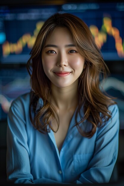 Asian woman smiling confidently at table with computer screen showing stock market charts and graphs