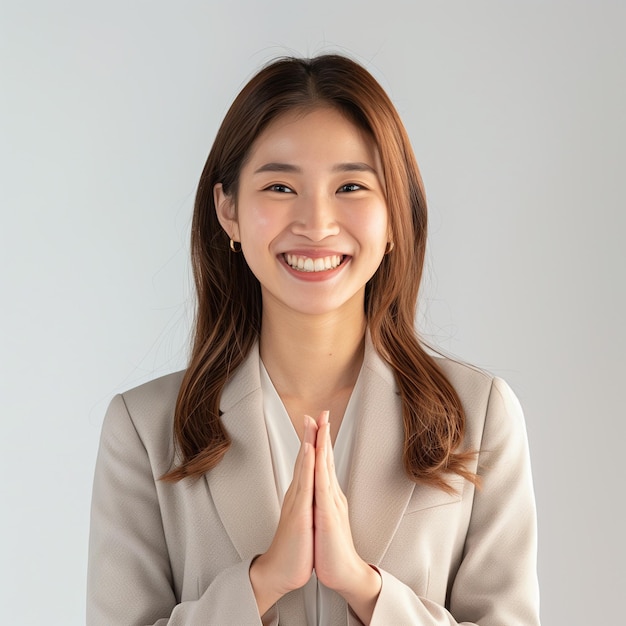 asian woman smiling showing thank you namaste gesture grateful standing over white background