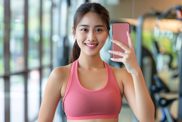 Asian woman in sportswear a slim and beautiful body snaps selfies in the gym