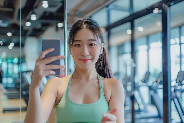 Asian woman in sportswear a slim and beautiful body snaps selfies in the gym