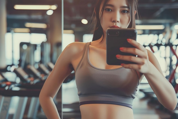 Asian woman in sportswear a slim and beautiful body snaps selfies in the gym