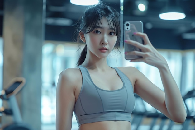 Asian woman in sportswear a slim and beautiful body snaps selfies in the gym