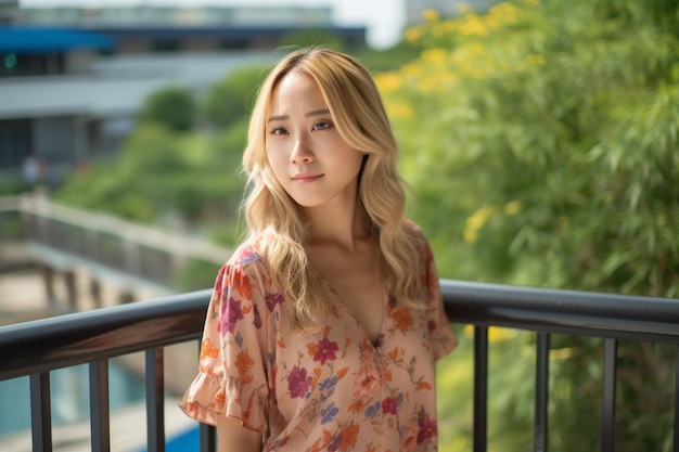 Asian woman standing on balcony in floral dress