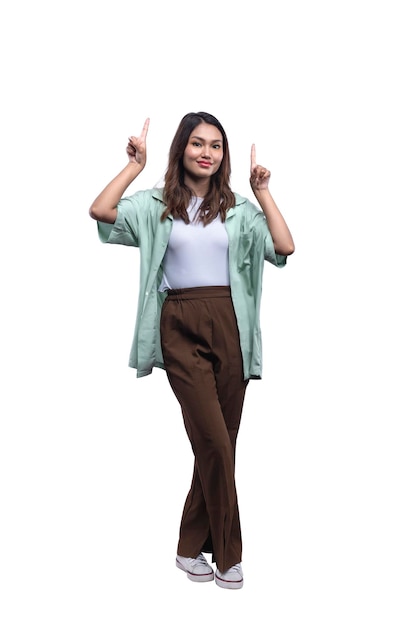 Asian woman standing and pointing something