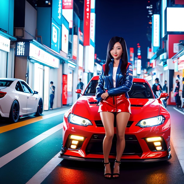 Asian woman standing with japanese street car at street city road generative art by AI