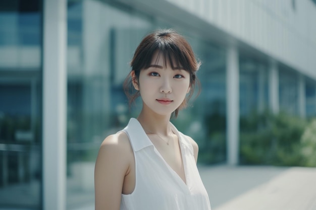 Asian woman stands in front of a building with a building in the background