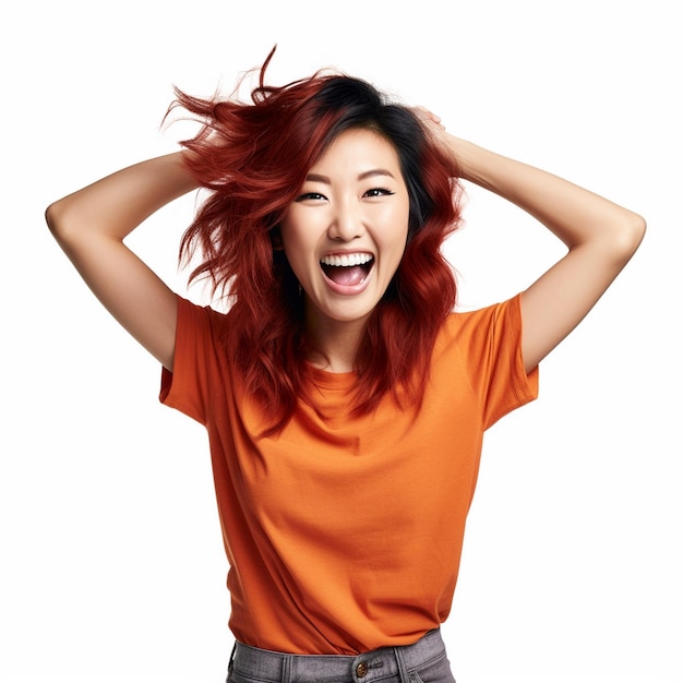 asian woman stands in front of a white background with her hands on her hips