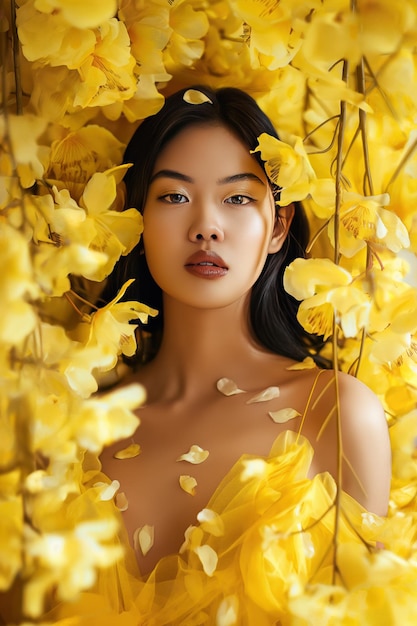 Photo asian woman stands in yellow flower field wearing black dress highend fashion photo showcases