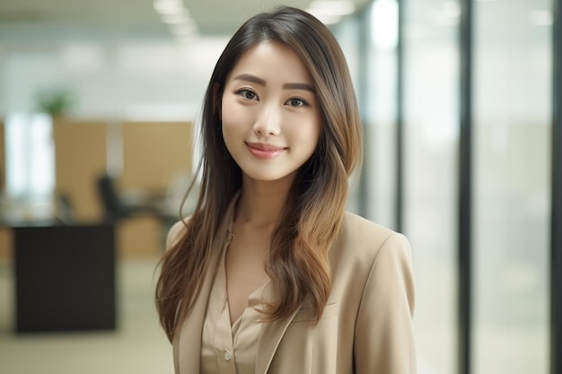 Asian woman in a suit stands in an office