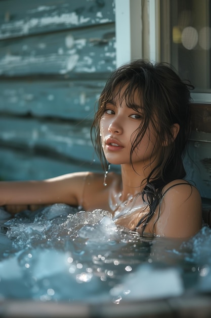 Asian woman taking ice bath in outdoor tub