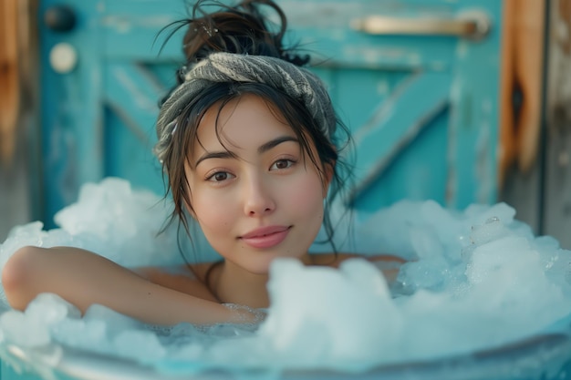 Asian woman taking ice bath in outdoor tub