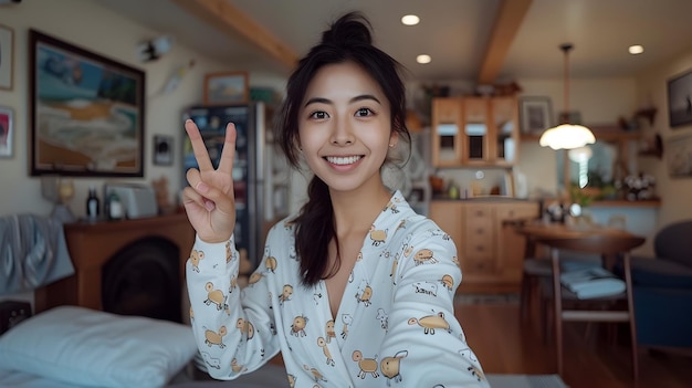 Asian Woman Taking Selfie in Cute Patterned Pajamas at Home