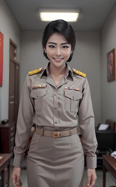 Asian woman Thai teacher at school in khaki suit uniform Generative AI