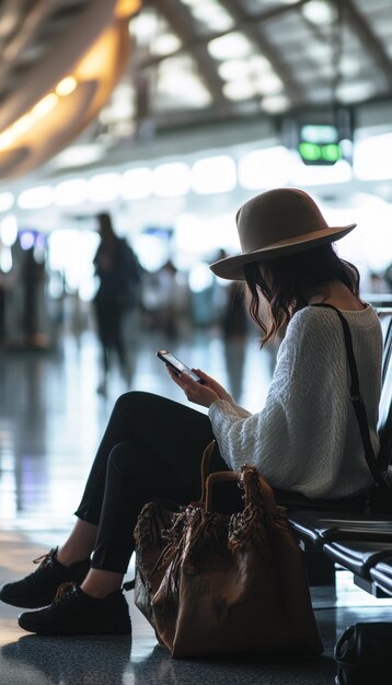 Photo asian woman tourist sitting at the airport