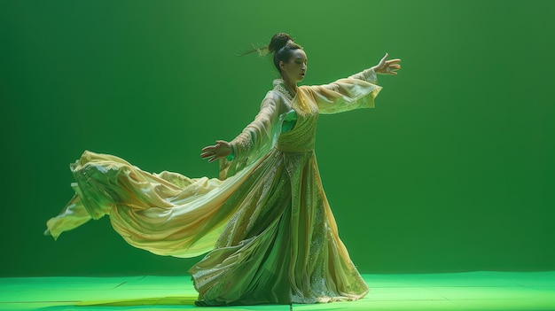 Asian Woman in Traditional Chinese Dress Dancing on Green Screen