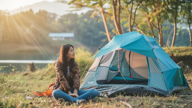 Asian woman travel and camping alone at natural park in Thailand Recreation and journey outdoor activity lifestyle Good morning and fresh start of the day