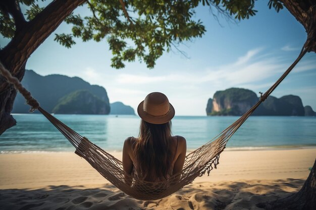 An Asian woman traveler relaxing in a hammock during summer Generative Ai