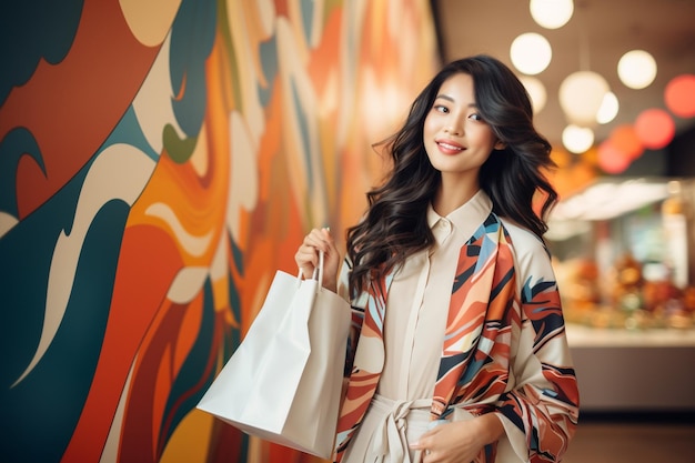 Asian woman in trendy dress holding