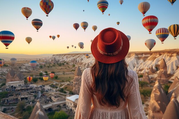 an asian woman watching hot air balloons in cappadocia turkey