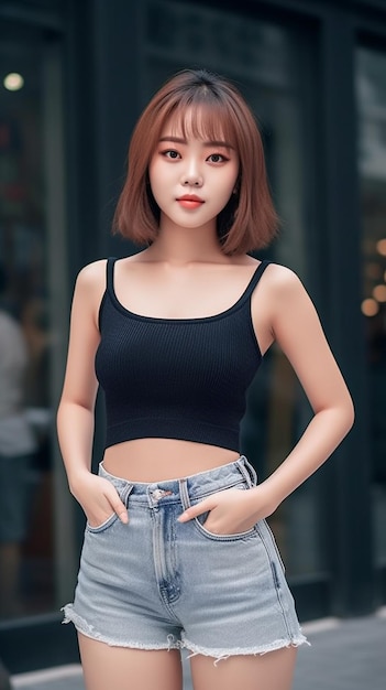 Asian woman wearing black tank top and jeans