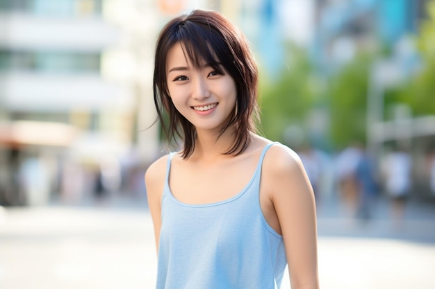 Asian woman wearing blue tank top smiling on the street