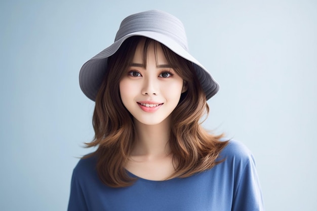 Asian woman wearing blue tshirt and hat smiling on white background