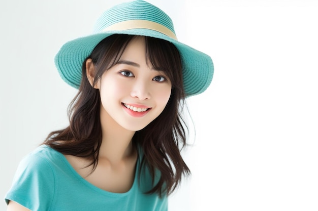 Asian woman wearing blue tshirt and hat smiling on white background