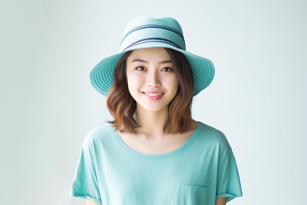 Asian woman wearing blue tshirt and hat smiling on white background