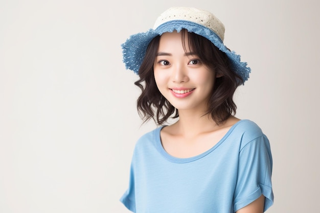 Asian woman wearing blue tshirt and hat smiling on white background