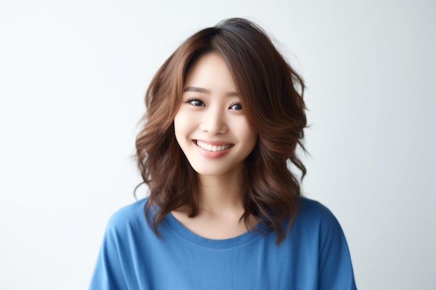 Asian woman wearing blue tshirt smiling on white background