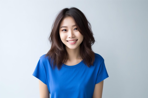 Asian woman wearing blue tshirt smiling on white background