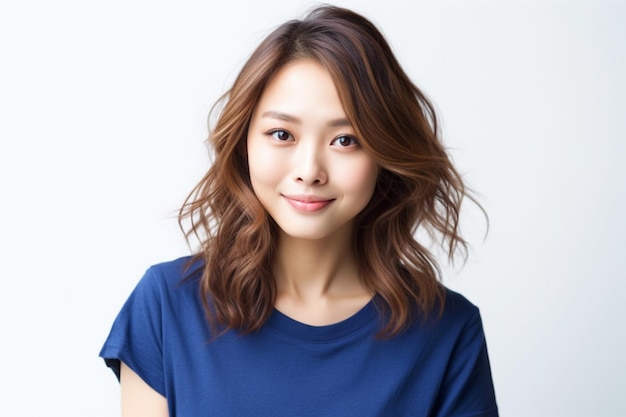 Asian woman wearing blue tshirt smiling on white background