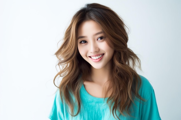 Asian woman wearing blue tshirt smiling on white background