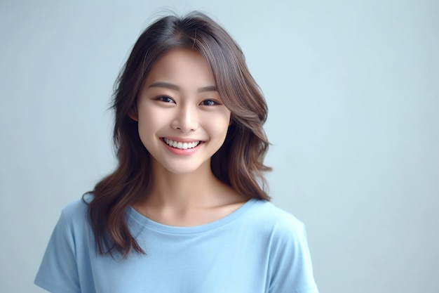 Asian woman wearing blue tshirt smiling on white background