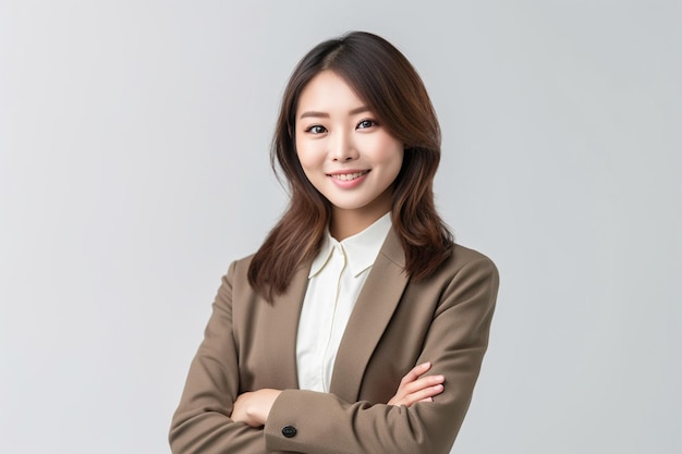 Asian woman wearing brown suit smiling on white background