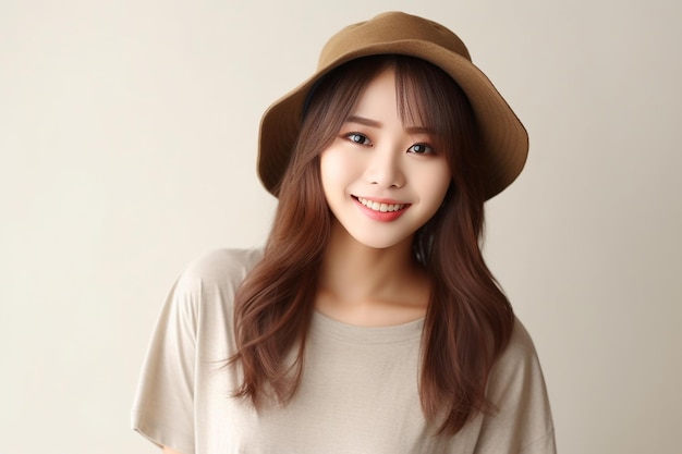 Asian woman wearing brown tshirt and hat smiling