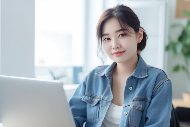 Asian woman wearing denim jacket with laptop