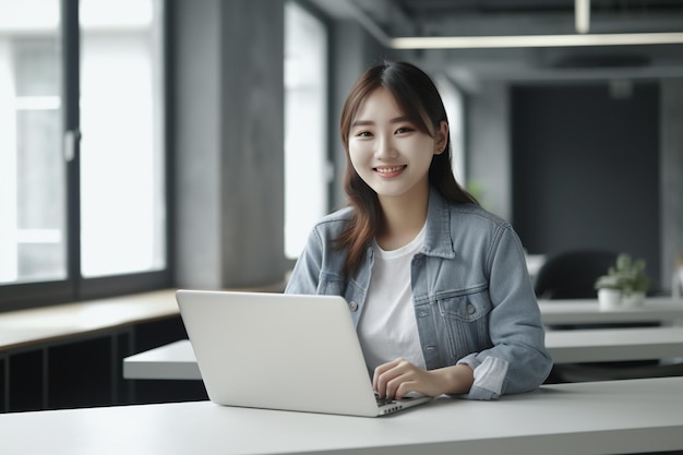 Asian woman wearing denim jacket working with laptop