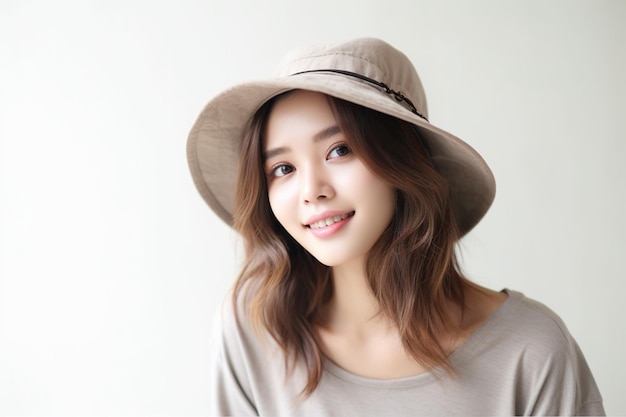 Asian woman wearing gray tshirt and hat smiling on white background