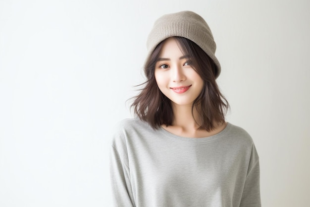 Asian woman wearing gray tshirt and hat smiling on white background