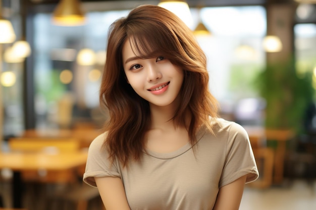 Asian woman wearing gray tshirt smiling on blurred background