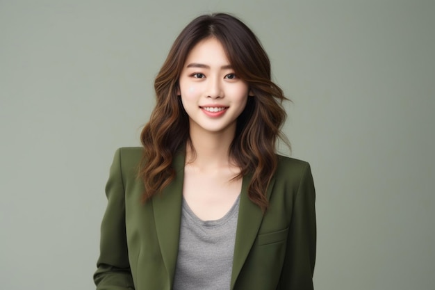 Asian woman wearing green blazer smiling