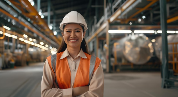 Asian woman wearing hard hat and work vest at enterprise