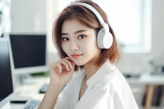 Asian woman wearing headphones and a white shirt sits at a desk with a computer in the background