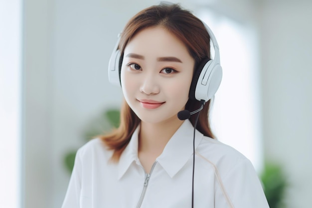 Asian woman wearing a headset with a microphone