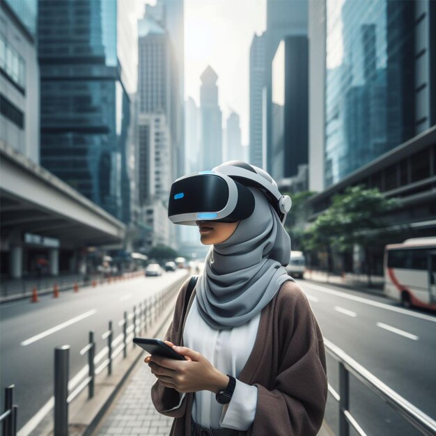 Asian woman wearing a hijab stands alone engrossed in a virtual reality experience