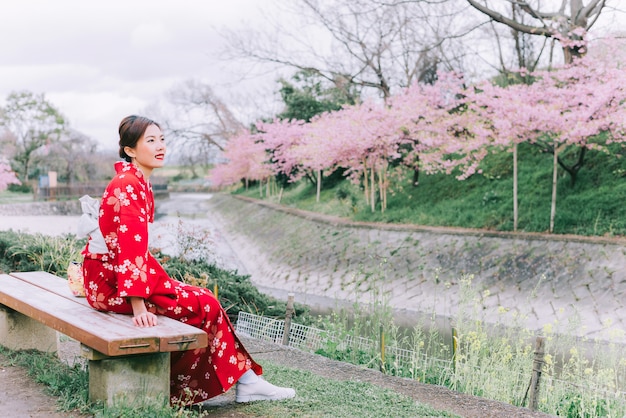 Asian woman wearing kimono with cherry blossoms,sakura in Japan.