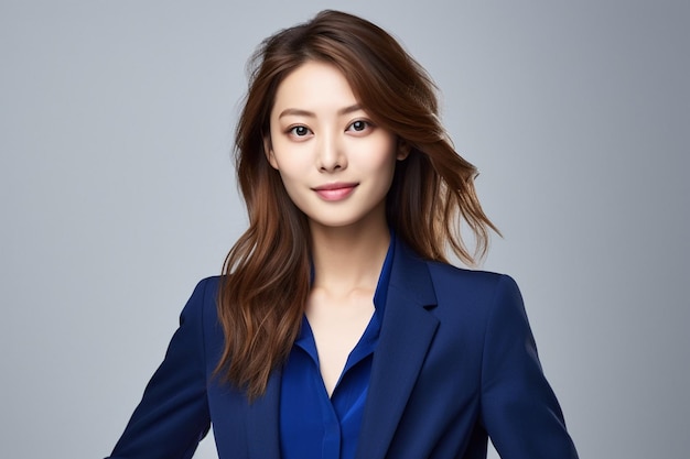 Asian woman wearing navy blue blazer smiling