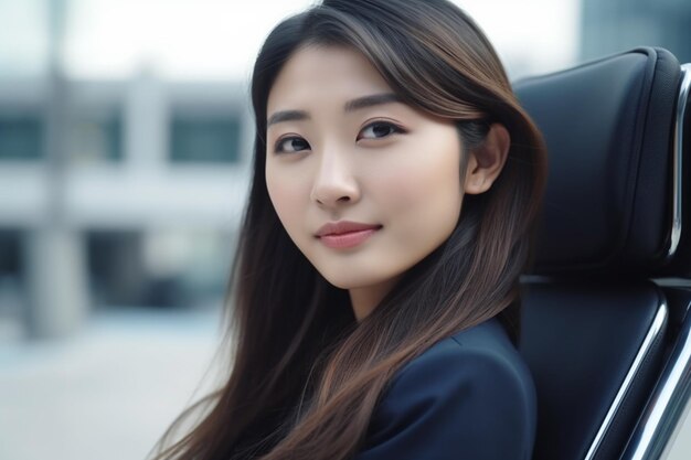 Asian woman wearing navy blue suit sitting on chair